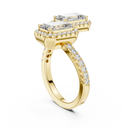 Double Emerald-Cut Diamond Ring with Diamond Halo Accents