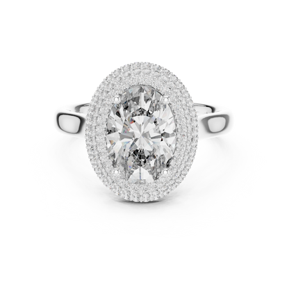 Oval Cut Double Halo Diamond Engagement Ring with Pave Band