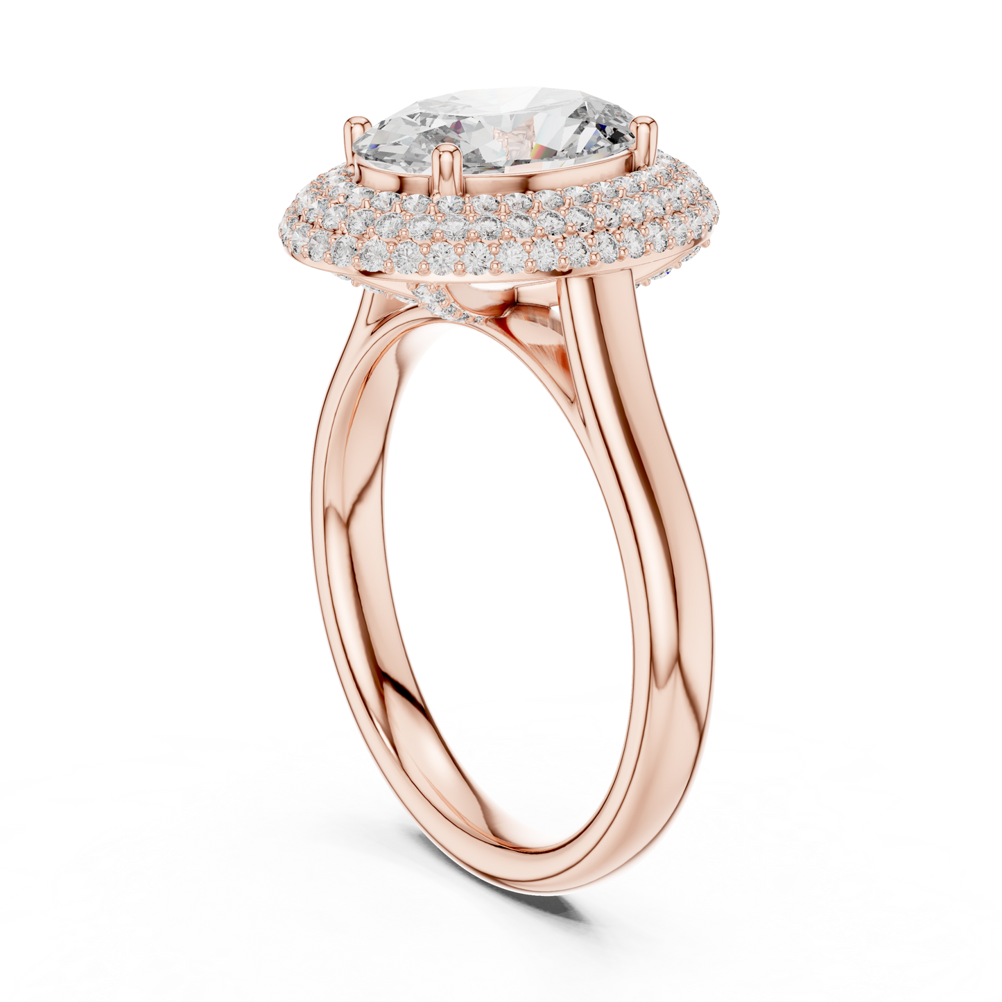 Oval Cut Double Halo Diamond Engagement Ring with Pave Band