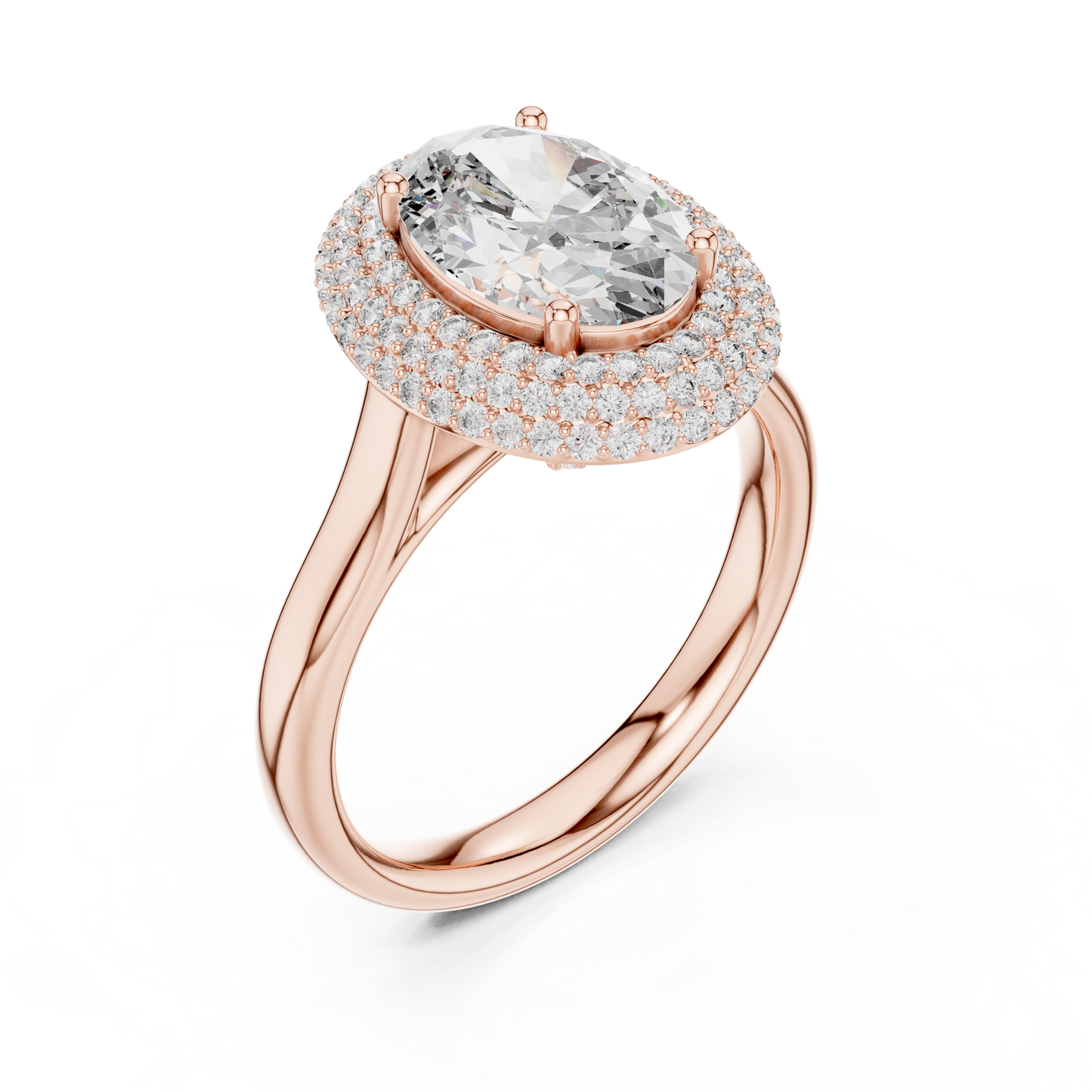 Oval Cut Double Halo Diamond Engagement Ring with Pave Band