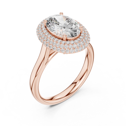 Oval Cut Double Halo Diamond Engagement Ring with Pave Band
