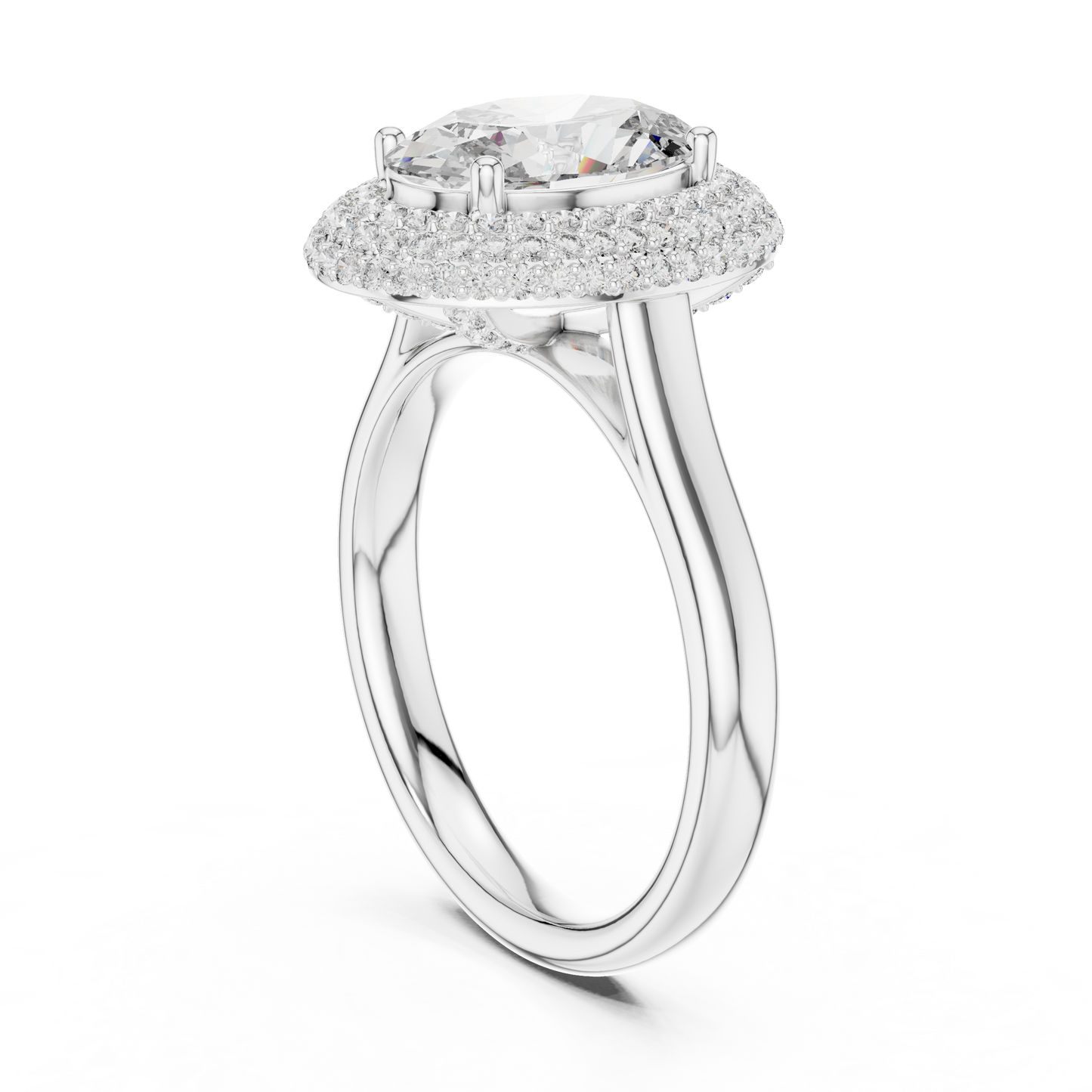 Oval Cut Double Halo Diamond Engagement Ring with Pave Band