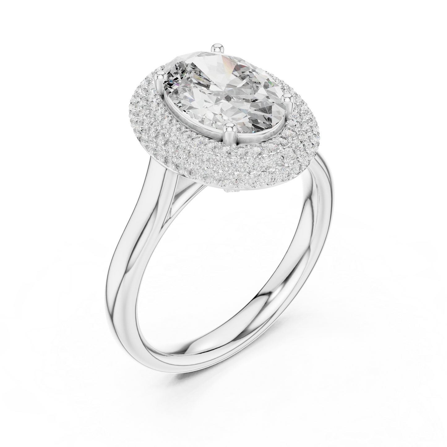Oval Cut Double Halo Diamond Engagement Ring with Pave Band
