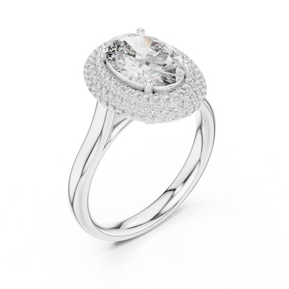 Oval Cut Double Halo Diamond Engagement Ring with Pave Band