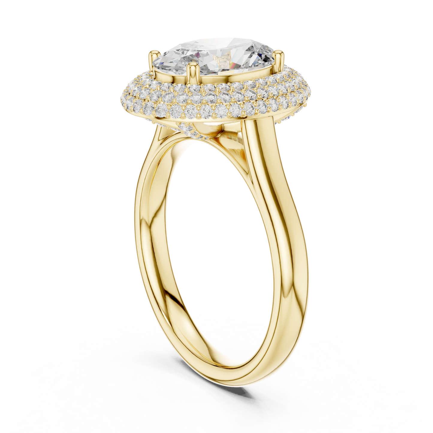 Oval Cut Double Halo Diamond Engagement Ring with Pave Band