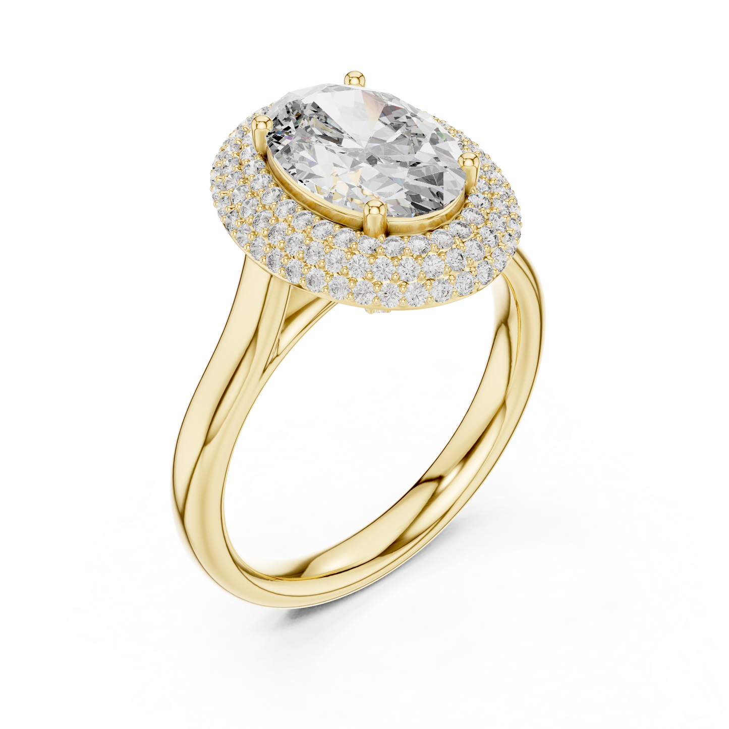 Oval Cut Double Halo Diamond Engagement Ring with Pave Band