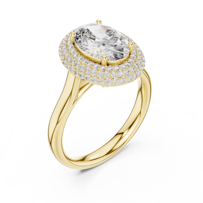 Oval Cut Double Halo Diamond Engagement Ring with Pave Band