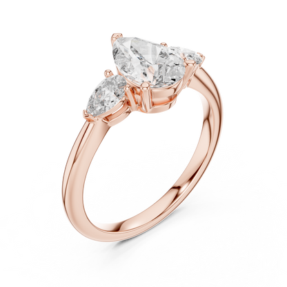 Pear Cut Diamond Three-Stone Ring with Pear-Shaped Side Stones