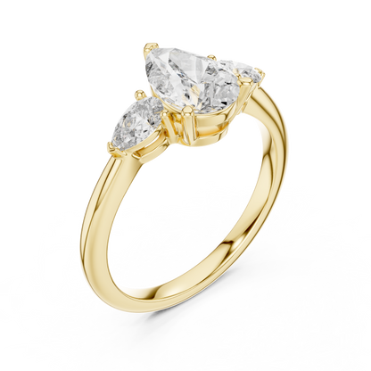 Pear Cut Diamond Three-Stone Ring with Pear-Shaped Side Stones
