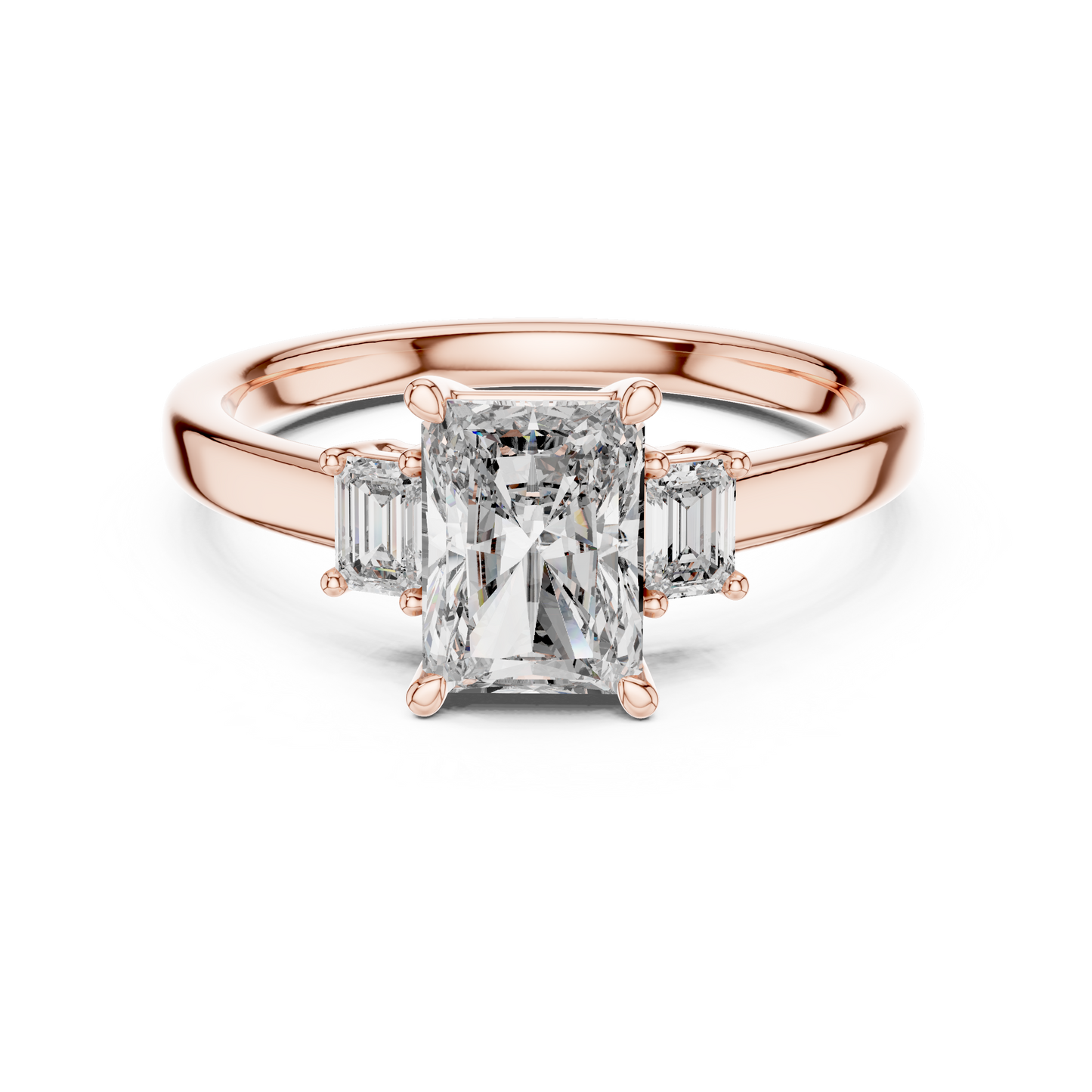 Radiant Cut Three-Stone Diamond Ring with Emerald-Cut Side Stones