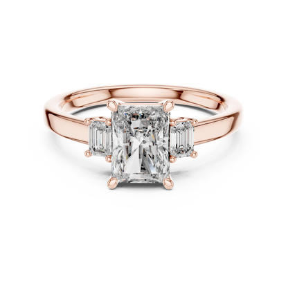 Radiant Cut Three-Stone Diamond Ring with Emerald-Cut Side Stones