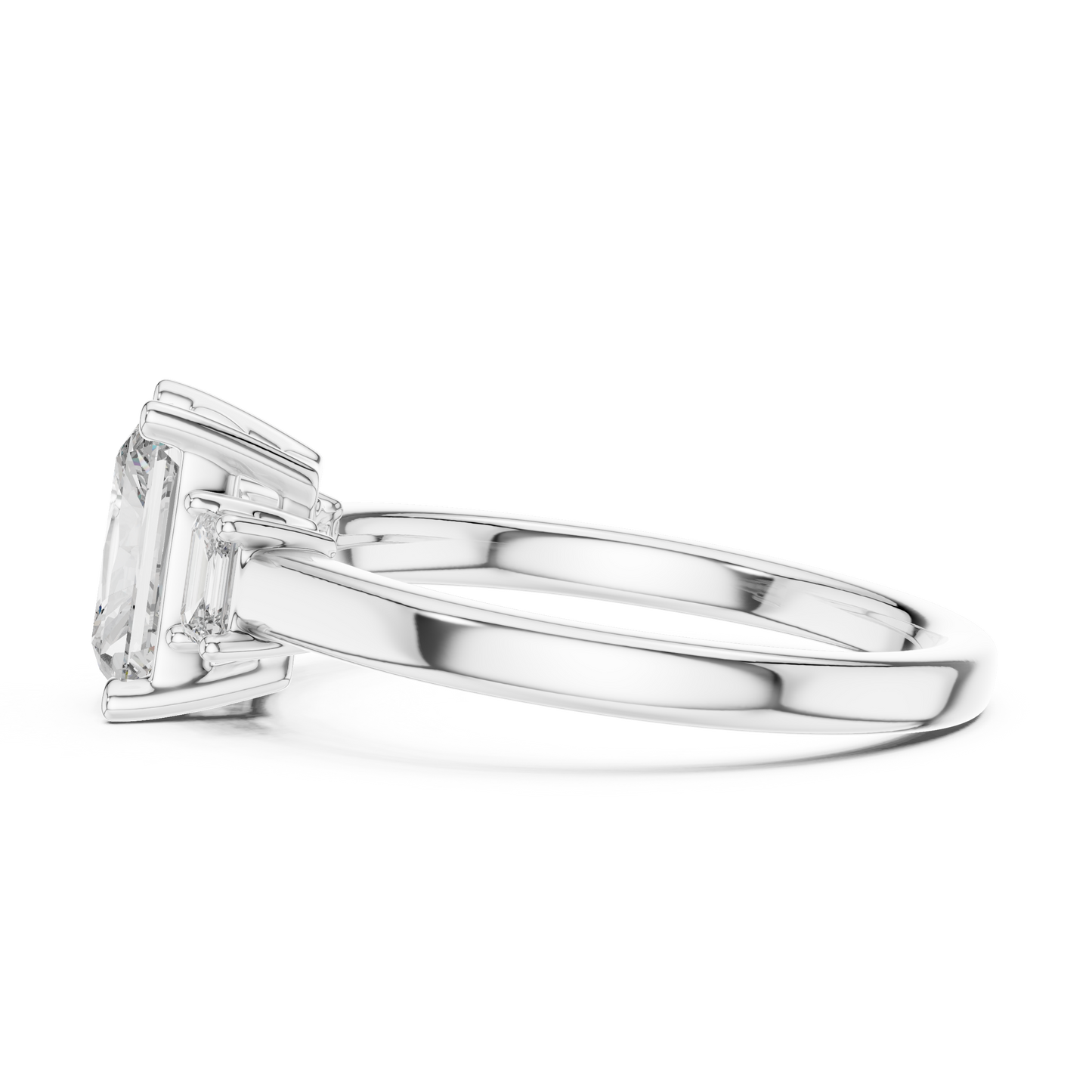 Radiant Cut Three-Stone Diamond Ring with Emerald-Cut Side Stones
