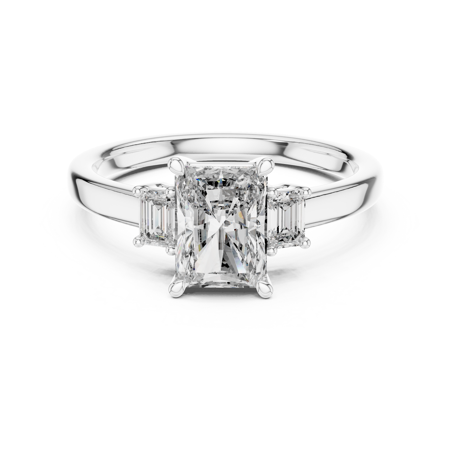 Radiant Cut Three-Stone Diamond Ring with Emerald-Cut Side Stones