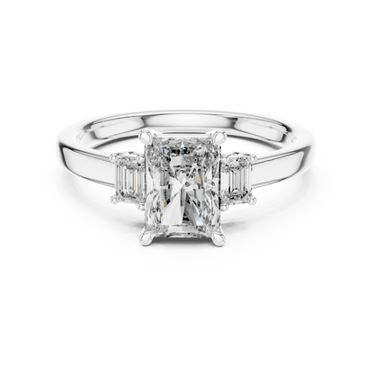 Radiant Cut Three-Stone Diamond Ring with Emerald-Cut Side Stones