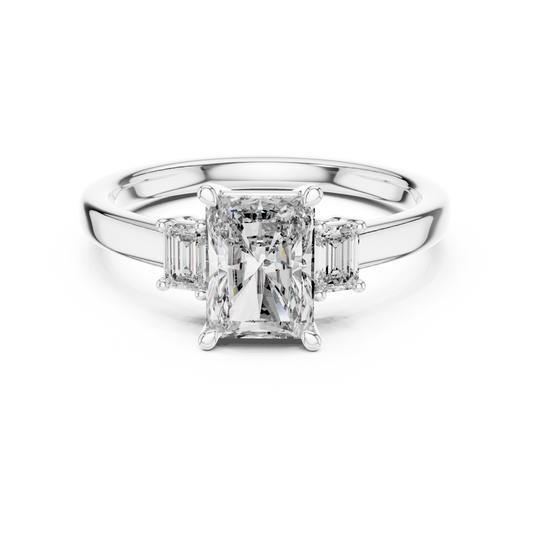 Radiant Cut Three-Stone Diamond Ring with Emerald-Cut Side Stones