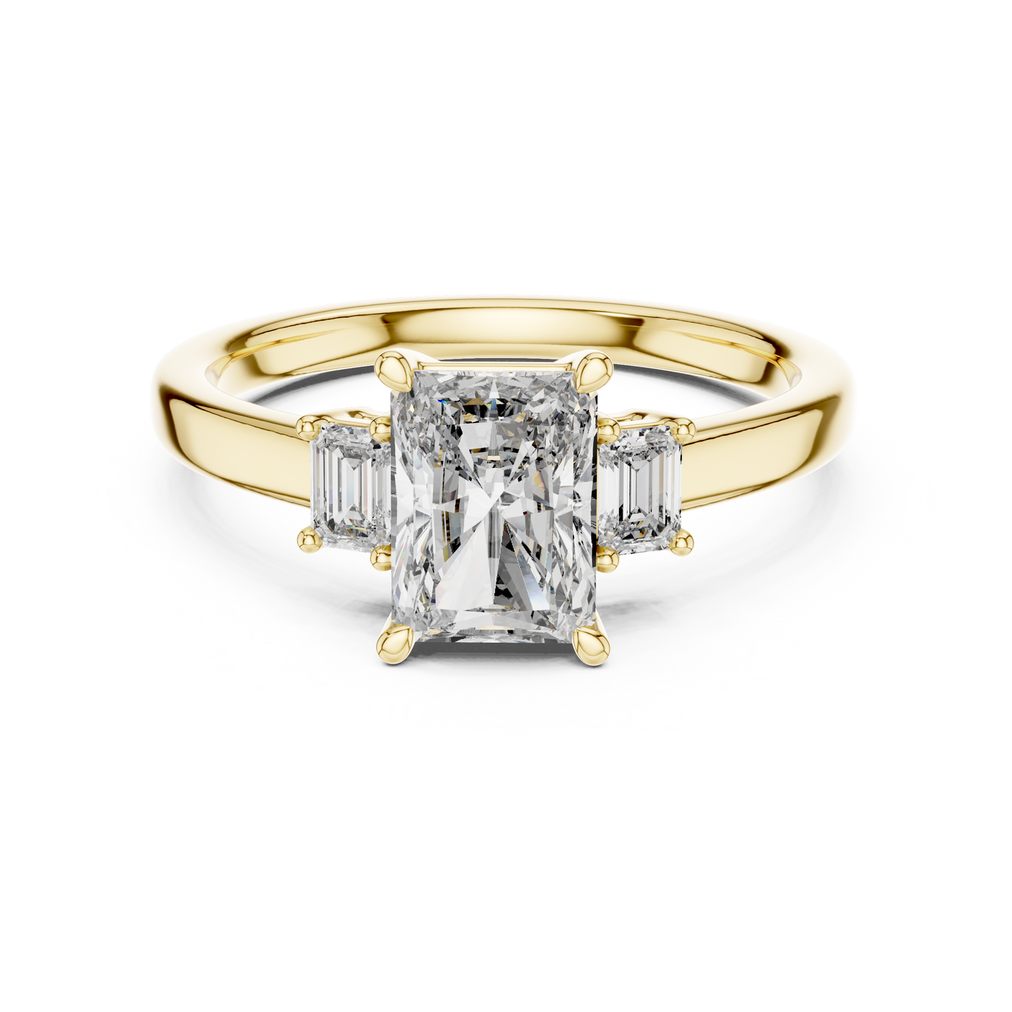 Radiant Cut Three-Stone Diamond Ring with Emerald-Cut Side Stones