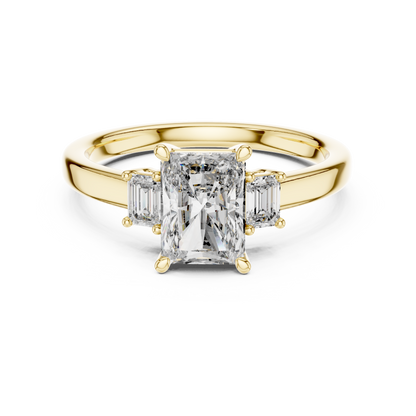 Radiant Cut Three-Stone Diamond Ring with Emerald-Cut Side Stones
