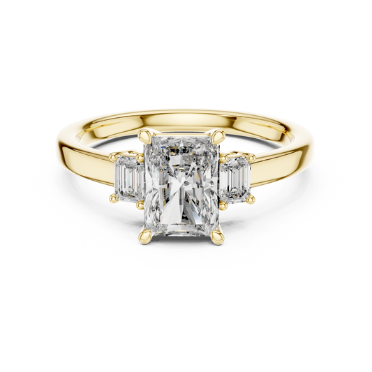 Radiant Cut Three-Stone Diamond Ring with Emerald-Cut Side Stones