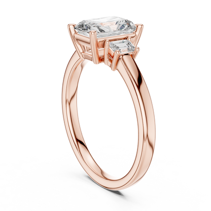 Radiant Cut Three-Stone Diamond Ring with Emerald-Cut Side Stones