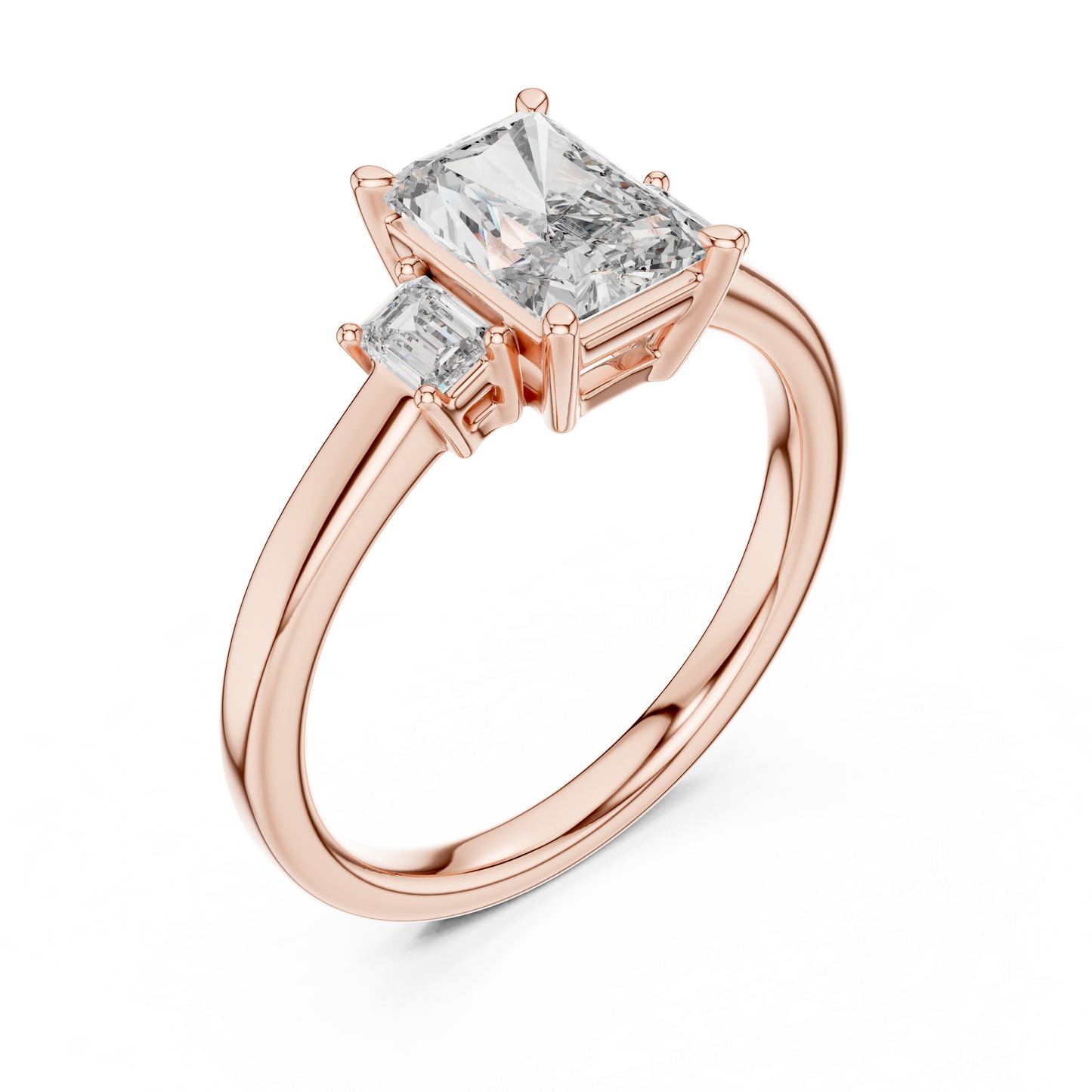 Radiant Cut Three-Stone Diamond Ring with Emerald-Cut Side Stones