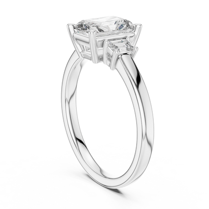Radiant Cut Three-Stone Diamond Ring with Emerald-Cut Side Stones