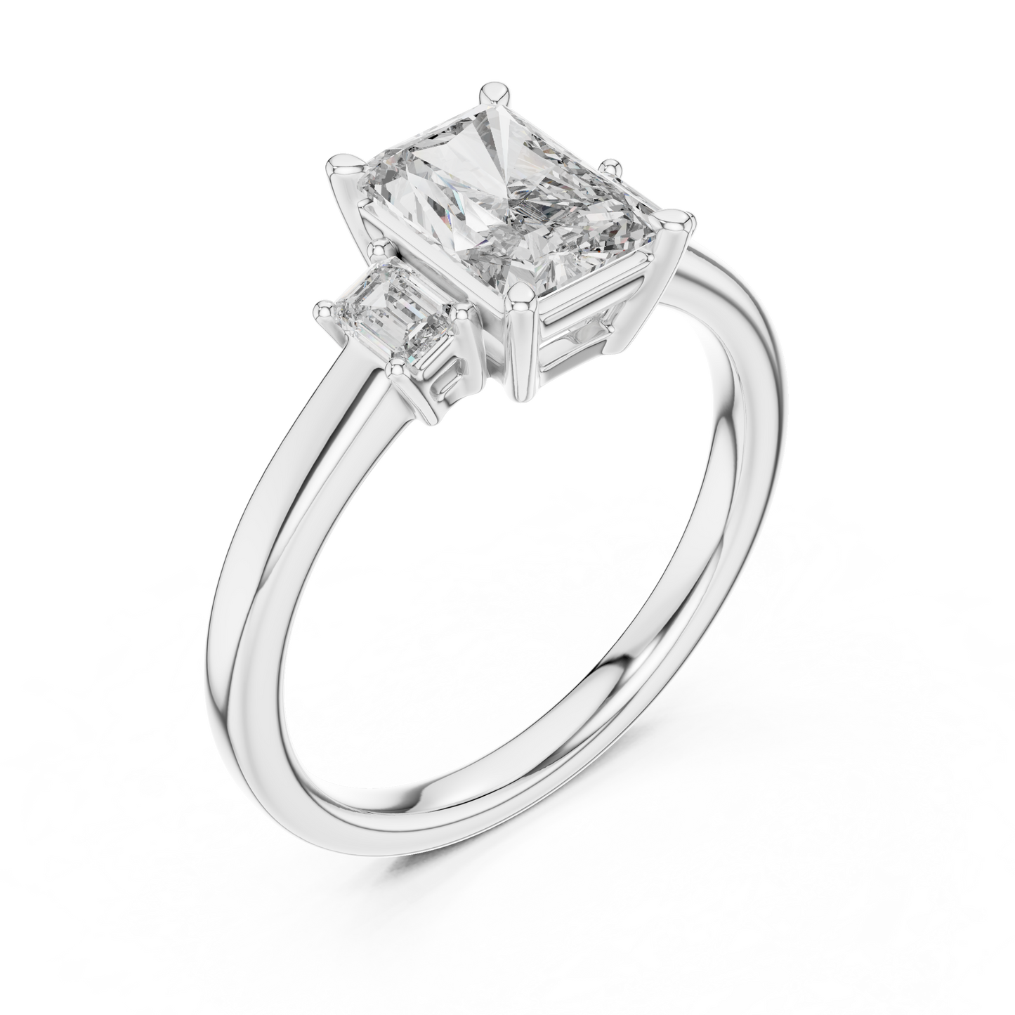 Radiant Cut Three-Stone Diamond Ring with Emerald-Cut Side Stones