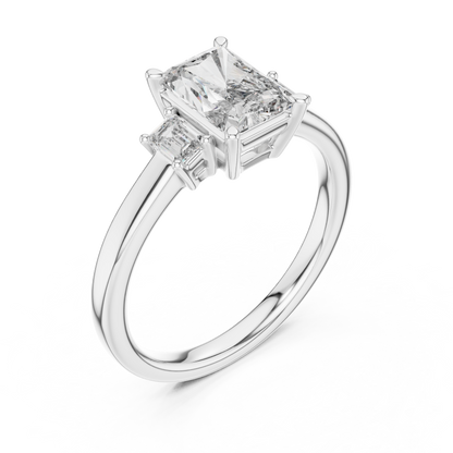 Radiant Cut Three-Stone Diamond Ring with Emerald-Cut Side Stones