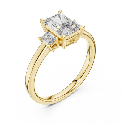 Radiant Cut Three-Stone Diamond Ring with Emerald-Cut Side Stones