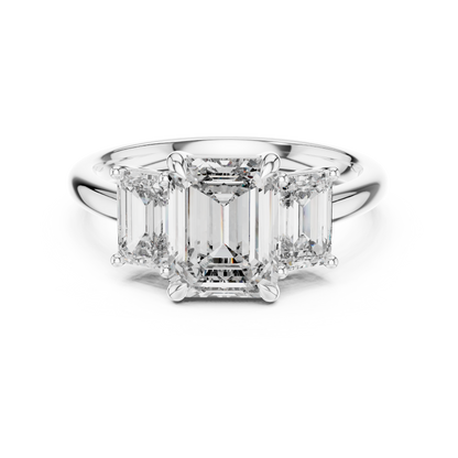 Emerald Cut Three-Stone Diamond Ring with Shared-Prong Setting