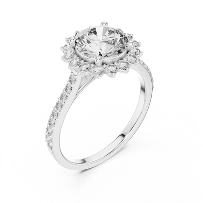 Round Diamond Floral Halo Pave Ring