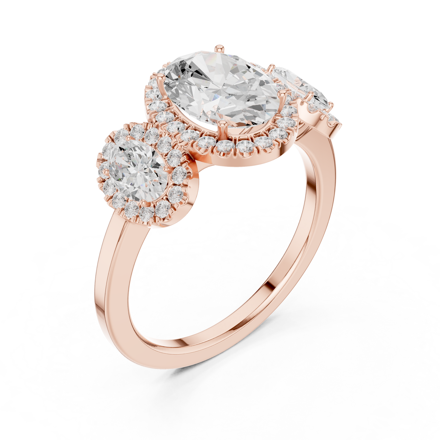 Oval Three Stone Diamond Halo Ring