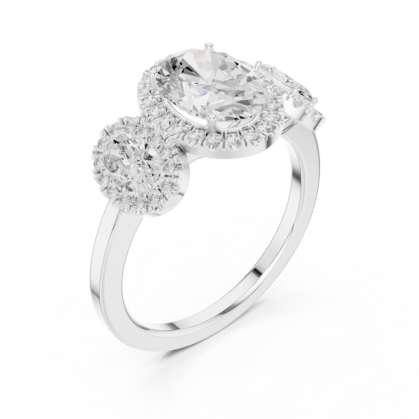 Oval Three Stone Diamond Halo Ring