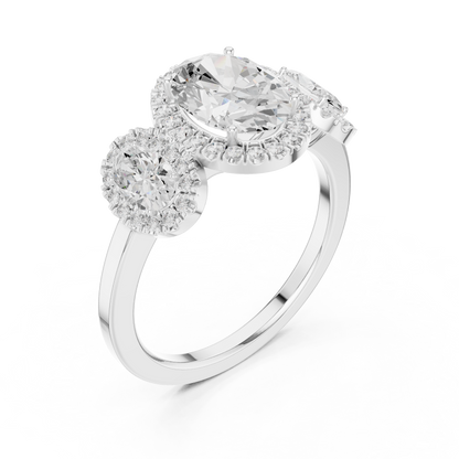Oval Three Stone Diamond Halo Ring