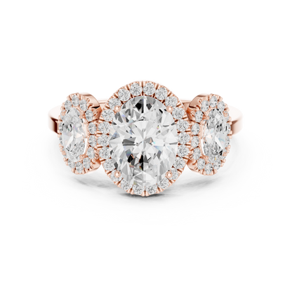 Oval Three Stone Diamond Halo Ring