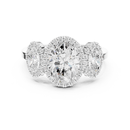 Oval Three Stone Diamond Halo Ring