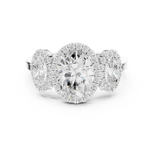 Oval Three Stone Diamond Halo Ring