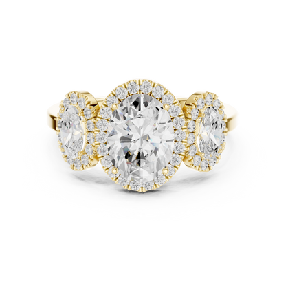 Oval Three Stone Diamond Halo Ring
