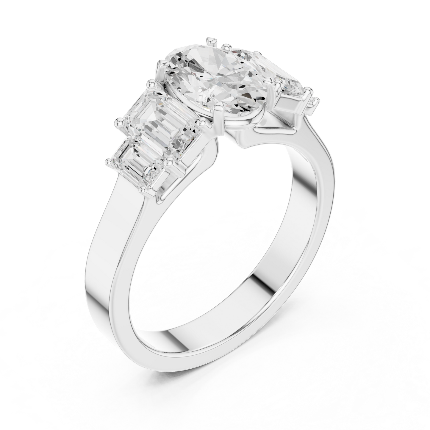 Oval Diamond Ring with Emerald-Cut Side Accents