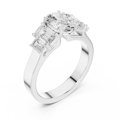 Oval Diamond Ring with Emerald-Cut Side Accents