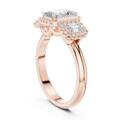 Emerald Cut Three Stone Halo Ring