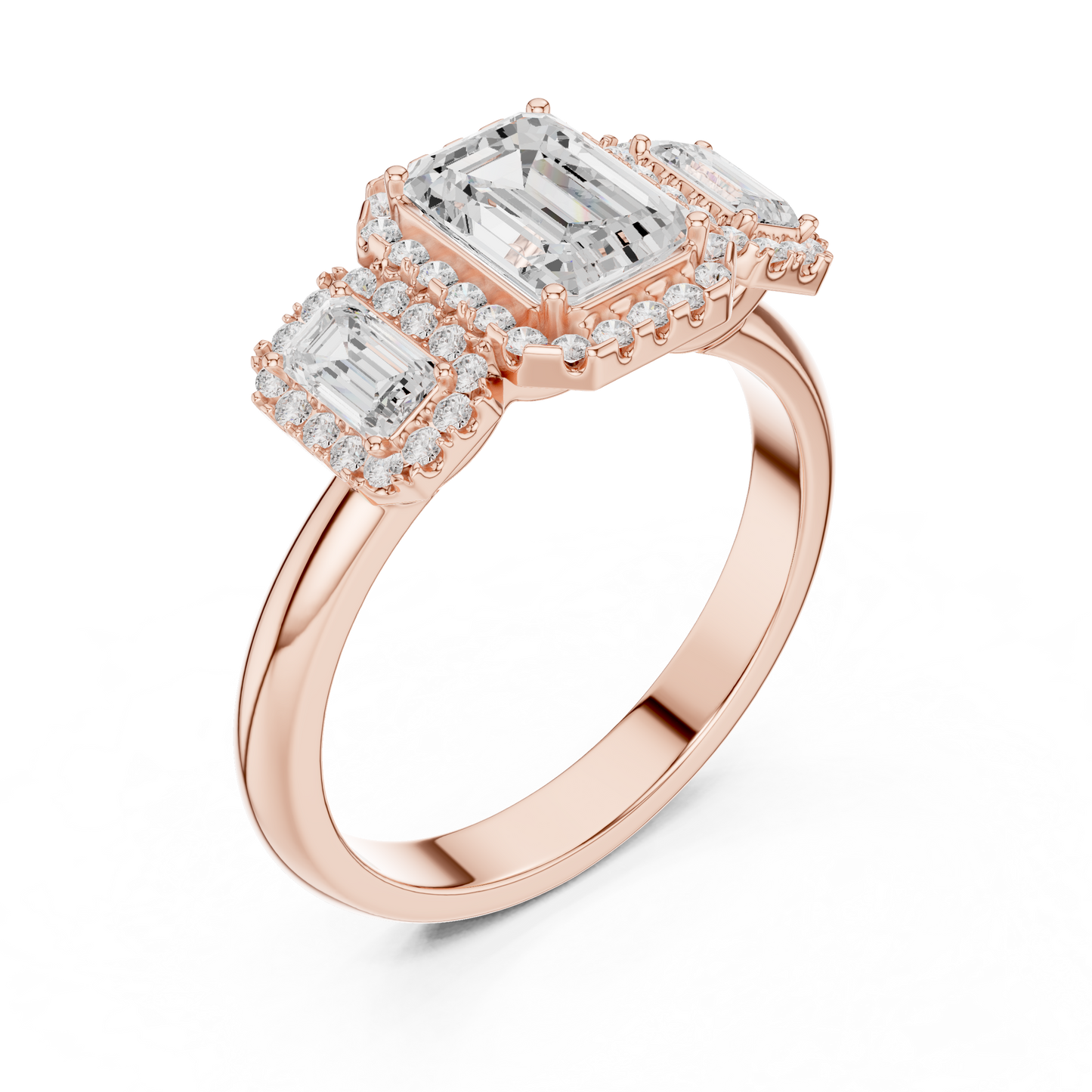 Emerald Cut Three Stone Halo Ring