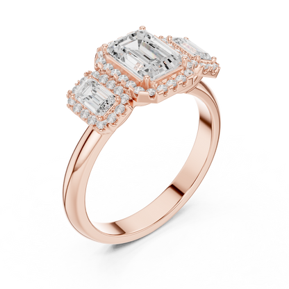 Emerald Cut Three Stone Halo Ring