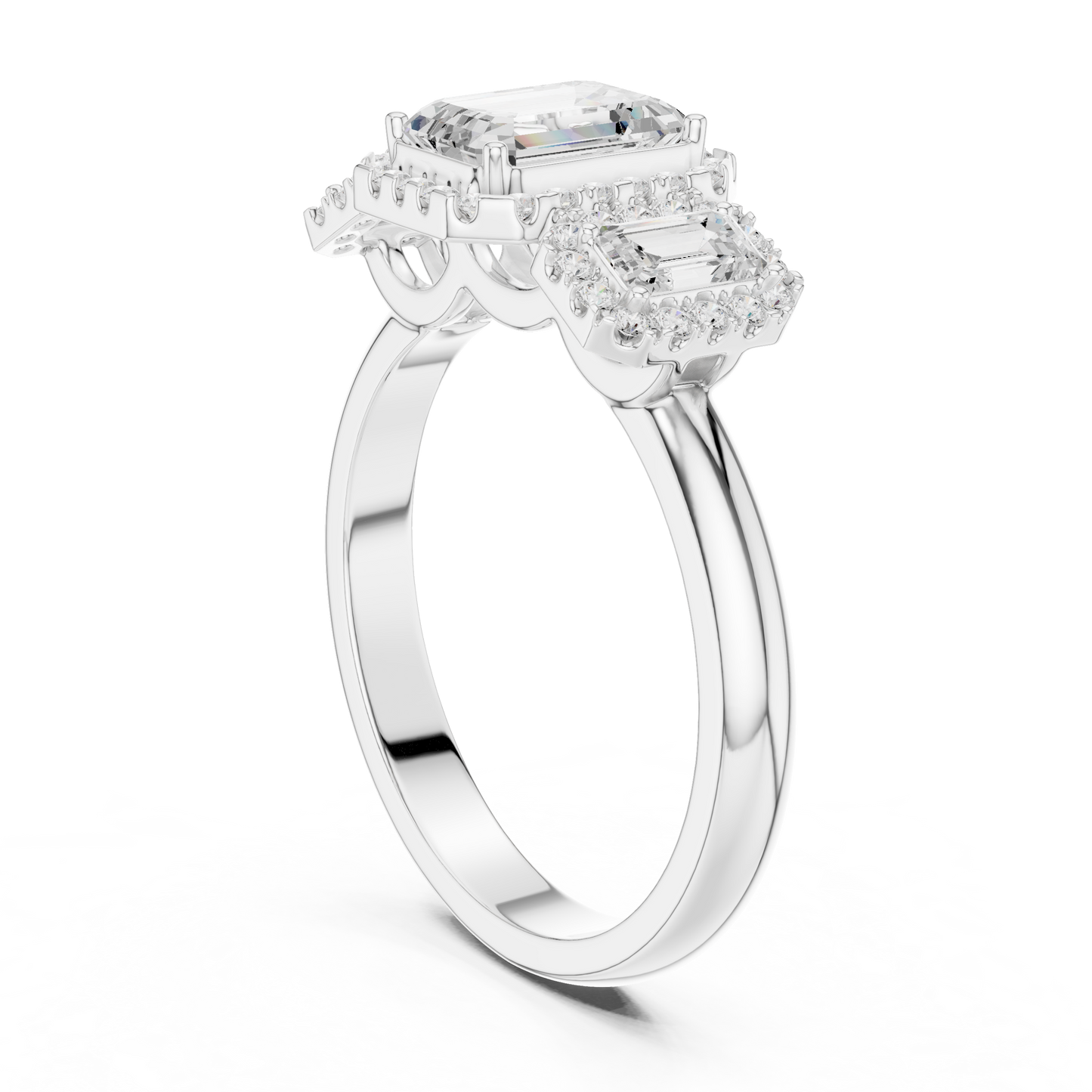 Emerald Cut Three Stone Halo Ring