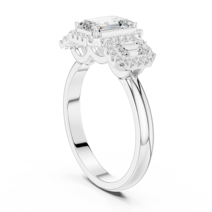 Emerald Cut Three Stone Halo Ring