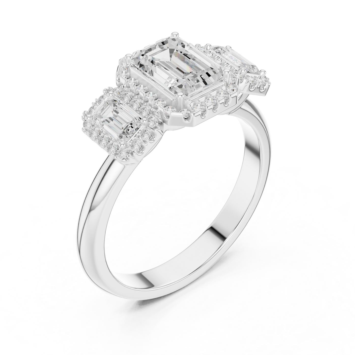 Emerald Cut Three Stone Halo Ring