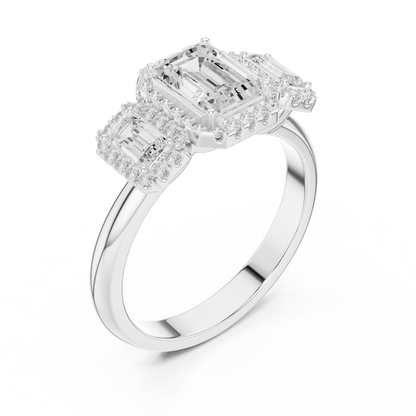 Emerald Cut Three Stone Halo Ring