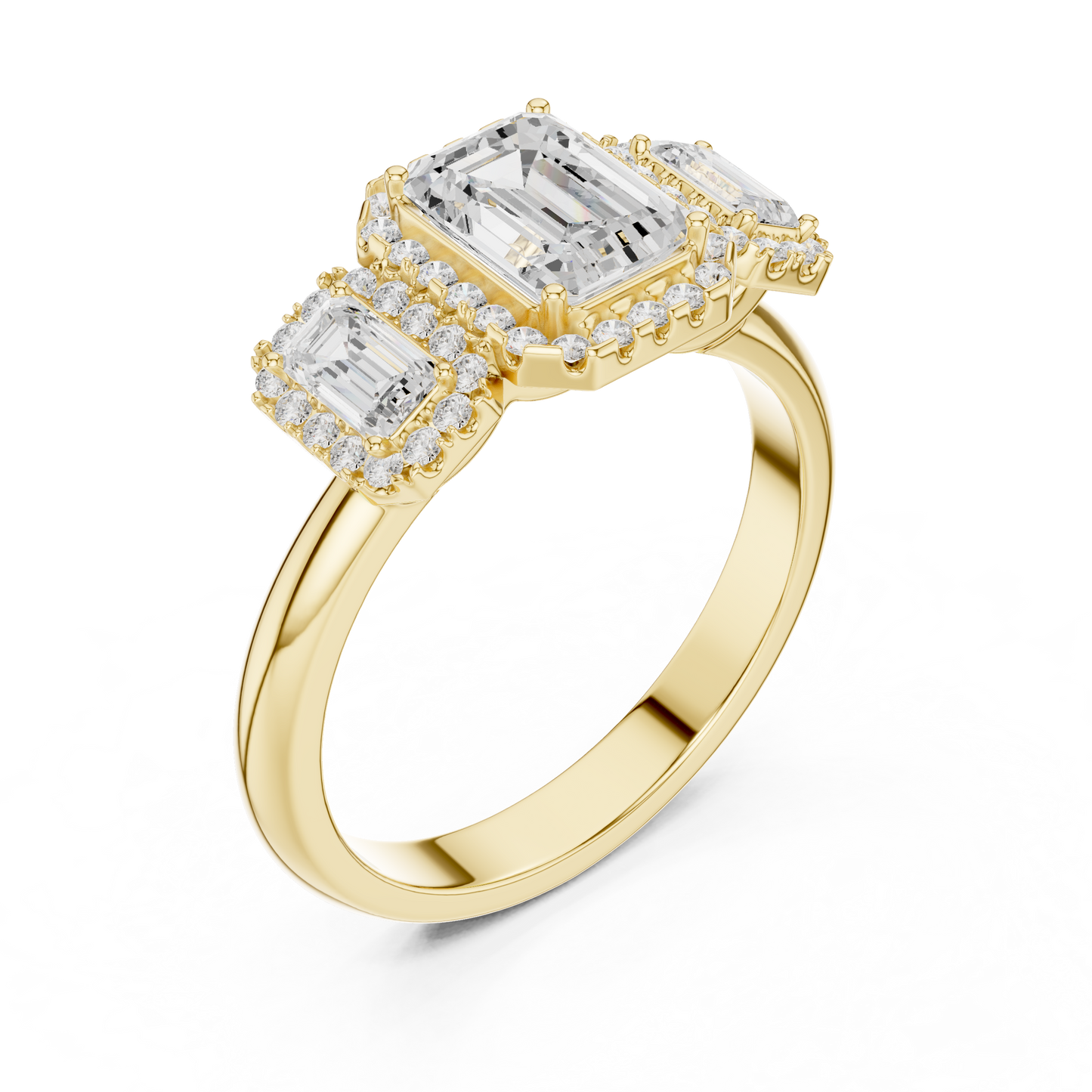 Emerald Cut Three Stone Halo Ring