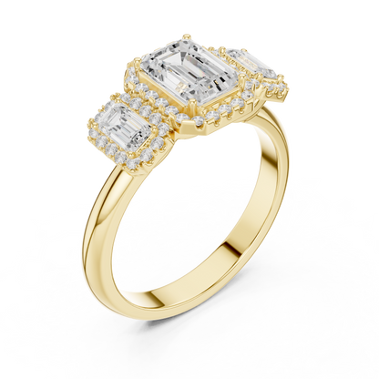 Emerald Cut Three Stone Halo Ring