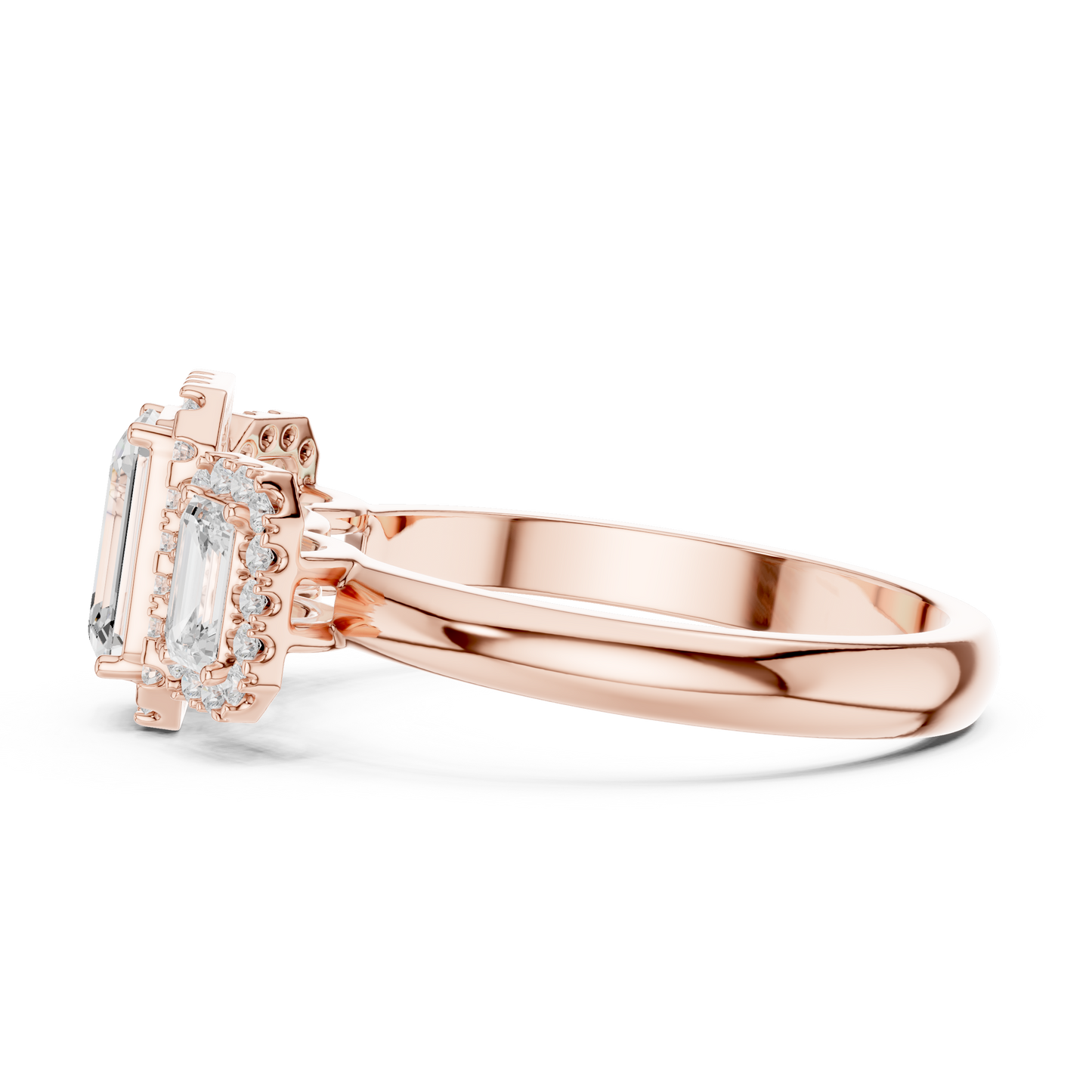 Emerald Cut Three Stone Halo Ring