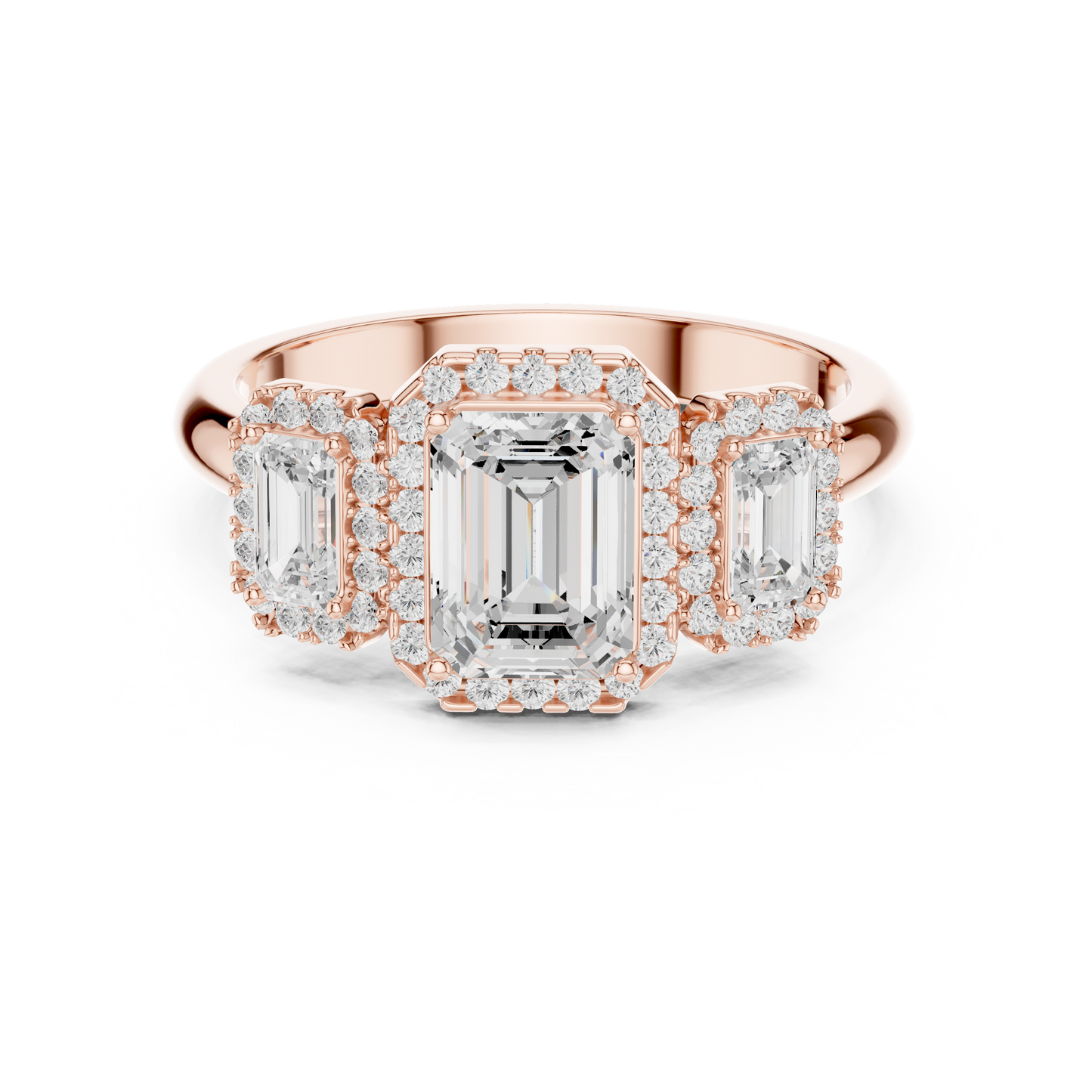 Emerald Cut Three Stone Halo Ring